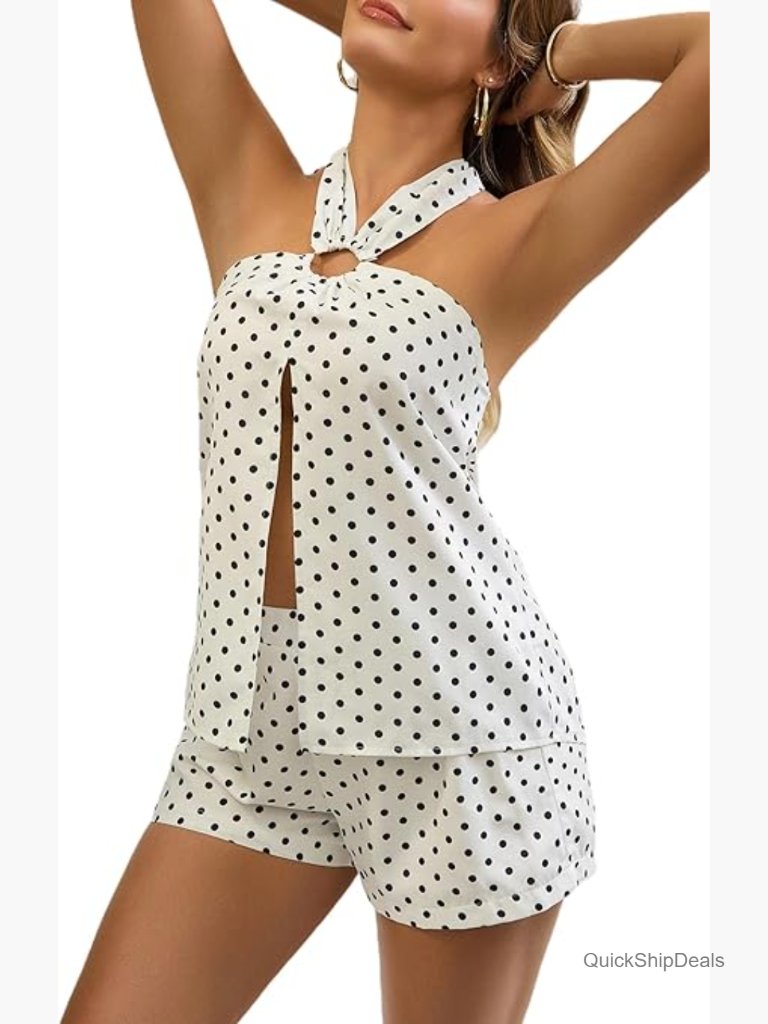 Sleeveless Criss Cross Halter Top And Matching Shorts Set Summer Outfits Loose